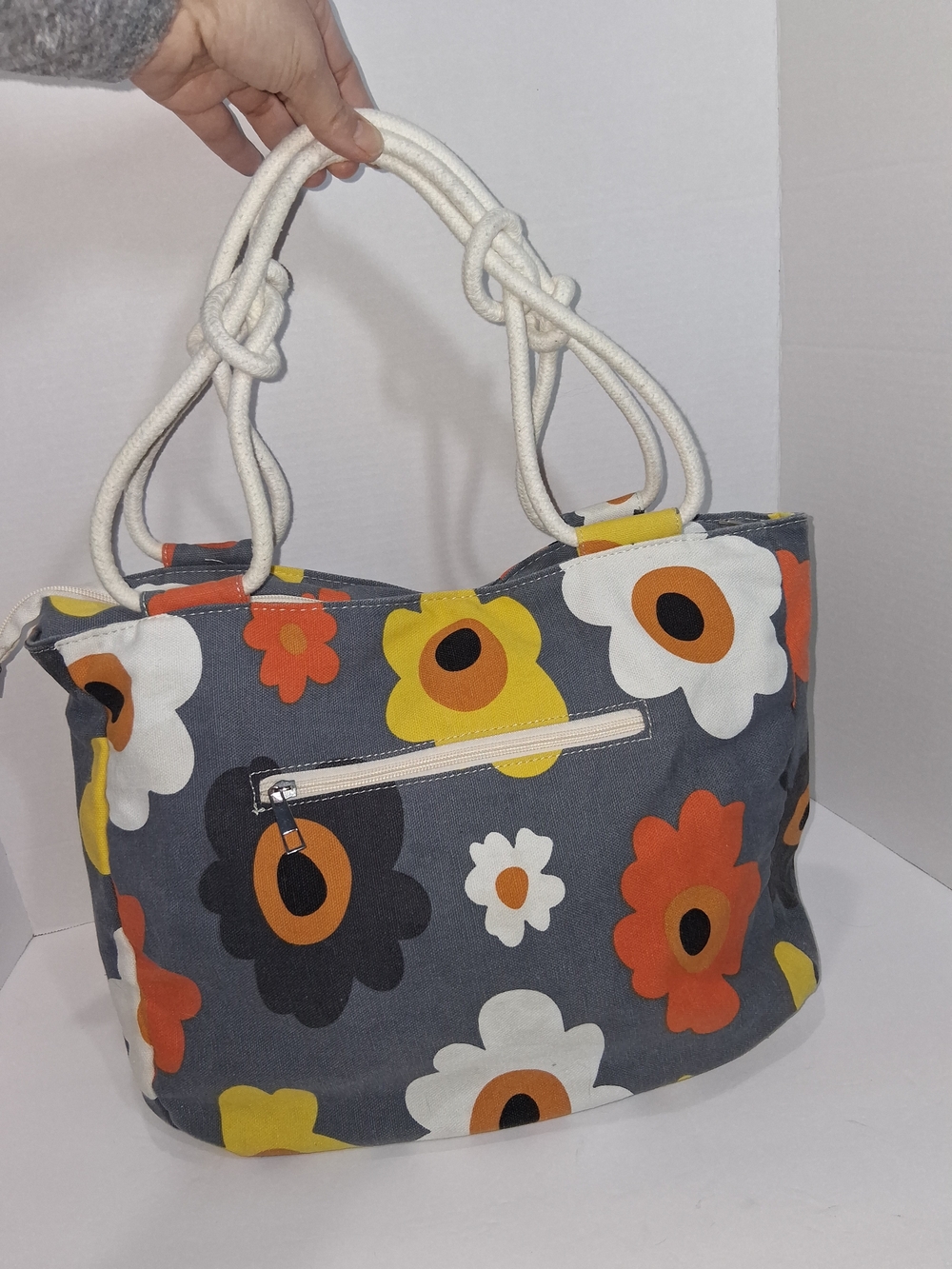 Floral Canvas Hobo Bag with Rope Handles - Gray/Yellow/Orange